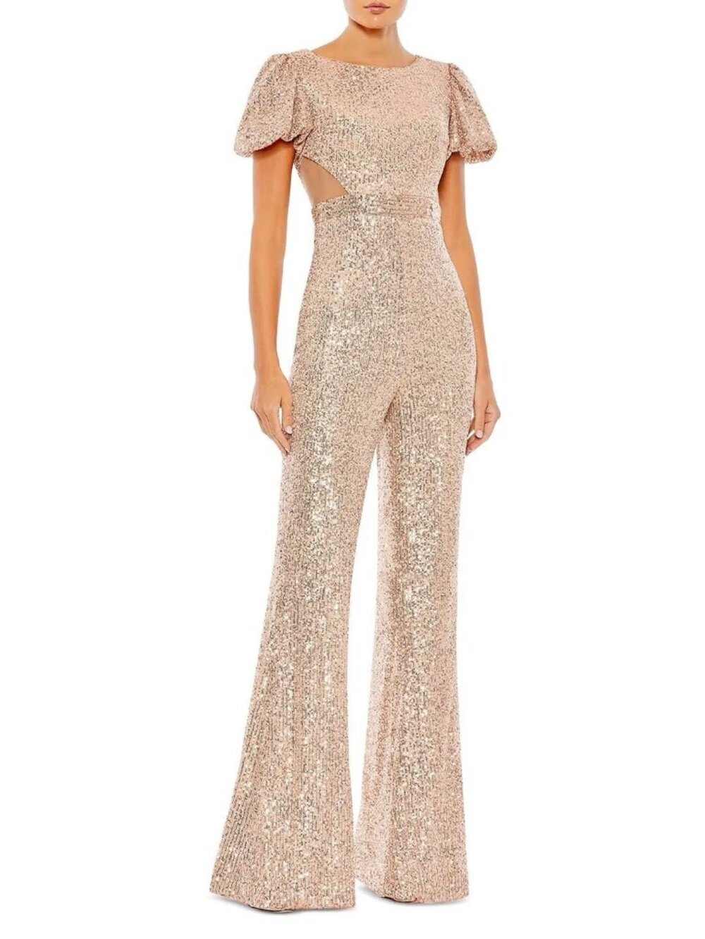 Mac Duggal Size 2 Pink Sequined Puff Shoulder Illusion Cutout Jumpsuit Cocktail